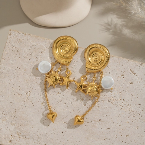 Conch Shell Sun Star Heart Tassel Drop Earrings Stainless Steel Gold Plated Ocean Beach Style Waterproof For Women