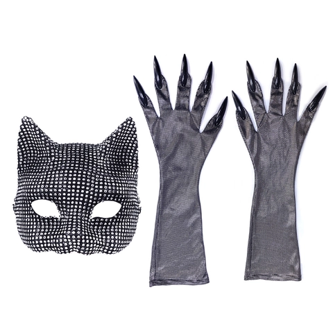 Mysteriöse Katzenmaske Mit Strass Und Lange Krallenhandschuhe Halloween Maskerade Kostümzubehör Gothic Stil