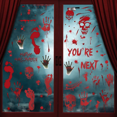 Halloween Window Clings Bloody Handprints Footprints Stickers PVC Spooky Horror Wall Decals For Party Decor