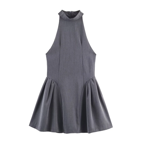 Halter Neck Mini Dress Sleeveless Polyester High Collar Pleated Hem Elegant Solid Color Fashion Women