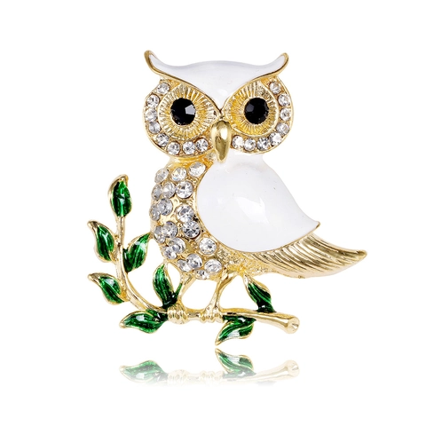 Uil Broche Zinklegering Wit Emaille Strass Dierlijke Pin Sieraden Voor Vrouwen Jurk Pak Decoratie Vogel Accessoire