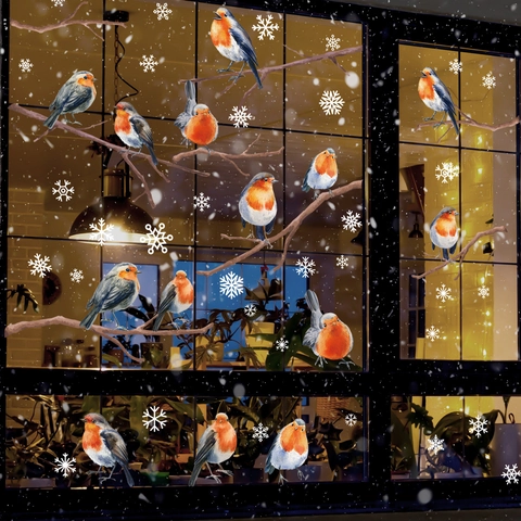 Pegatinas Estáticas Para Ventana Navidad Pájaro Petirrojo Rama Copo De Nieve Decoración Cristal Invierno Hogar