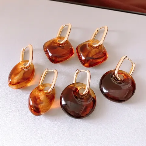 Boucles d'Oreilles Créoles Pendentif Acrylique Ambre Marbré Rétro Géométrique Alliage Boucle Or Style Maillard Femme