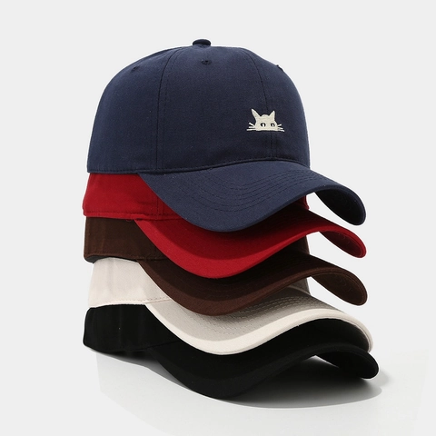 Cute Embroidered Cat Cotton Baseball Cap Adjustable Breathable Sun Protection Casual Soft Top Hat For Women Students