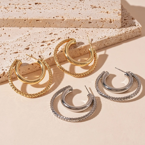 Zweilagige C-Form Creolen Strukturierte Glatte Metallische Mode Elegante Schmuck Für Frauen Mit 925 Sterling Silber Ohrstecker