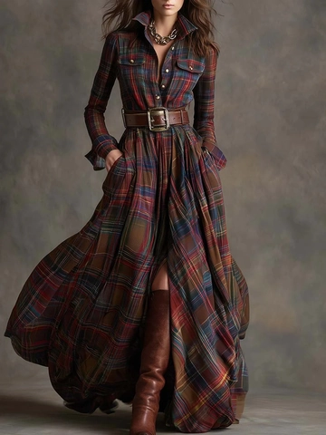 French Vintage Plaid Maxi Dress For Women Long Sleeve Lapel Single Breasted Flare Shirt Dress With Belt Elegant Autumn Outfit