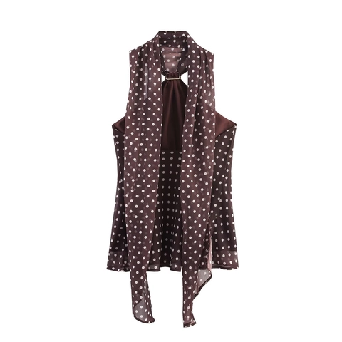 Polka Dot Halter Neck Sleeveless Chiffon Top Scarf Collar Gold Buckle Elegant Summer Blouse For Women