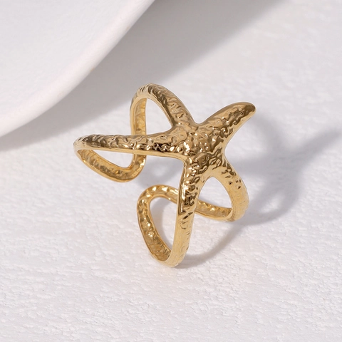 Starfish Open Ring Stainless Steel 18K Gold Plated Hammered Texture Adjustable Ocean Sea Life Jewelry For Women