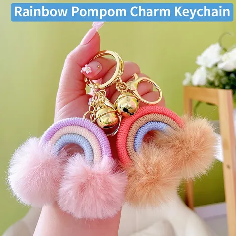 Portachiavi Arcobaleno Con Pompon Bohémien Corda Di Cotone Intrecciata Ciondolo Per Borsa Con Campanello Chiusura Per Donne