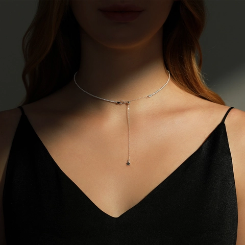 Collar De Plata De Ley 925 Colgante De Estrella Resplandeciente Cadena En Y Joyería Chic Minimalista Ajustable Mujer