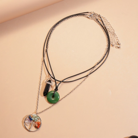 Pendenti Collana Strati Resina Pietra Sintetica Lega Albero Della Vita Colonna Esagonale Forma Ciambella Boho Vintage Donne