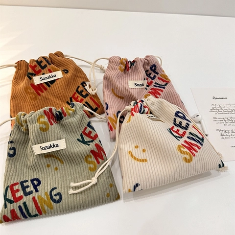 Corduroy Drawstring Storage Pouch Mini Portable Jewelry Cosmetics Organizer Bag Smile Face Pattern Cute Bag For Daily