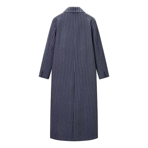 Dames Gestreepte Lange Wollen Jas Dubbele Rij Knopen Revers Losse Pasvorm Trenchcoat Bovenkleding Marineblauw