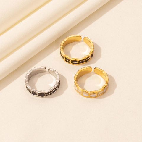 Bague Ouverte Minimaliste en Acier Inoxydable 304 à Carreaux pour Femme Émail Rayé Géométrique Réglable Or Argent Bijoux de Mode
