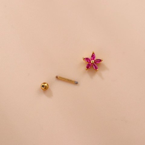Bloem Kroon Kraakbeen Oorknopjes Roestvrij Stalen Staafje Roos Rode Zirkonia Schroefsluiting Piercing Sieraden Voor Vrouwen