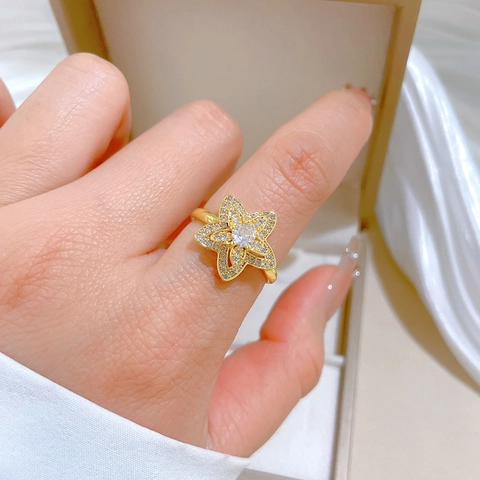 Anello Di Fiori A Doppio Strato Rotante Ottone Zircone Placcato Oro Regolabile Gioielli Eleganti Per Donna