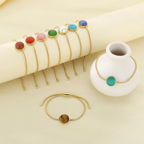 Round Natural Stone Bracelet Stainless Steel Gold Plated Adjustable Bolo Snake Chain Retro Fashion Jewelry For Women