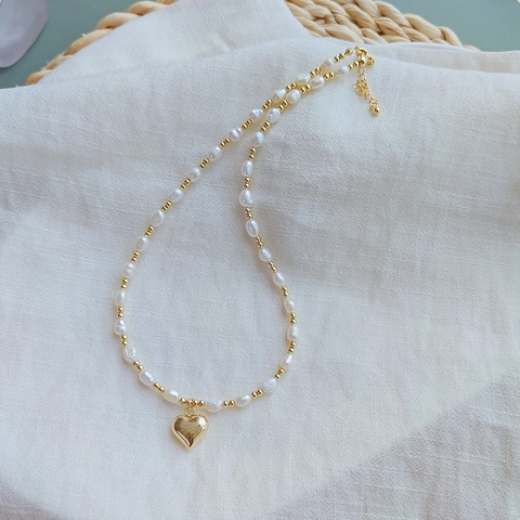 Collier De Perles D'eau Douce Avec Pendentif Coeur En Cuivre Plaqué Or 18K Choker Perlé Pour Femmes Bijoux Élégants