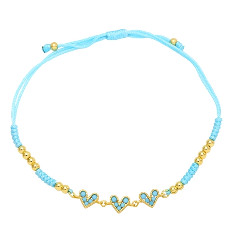 Handmade Braided Bracelet Copper Gold Plated Colorful Cubic Zirconia Triple Heart Adjustable Bohemian Ethnic Jewelry Women