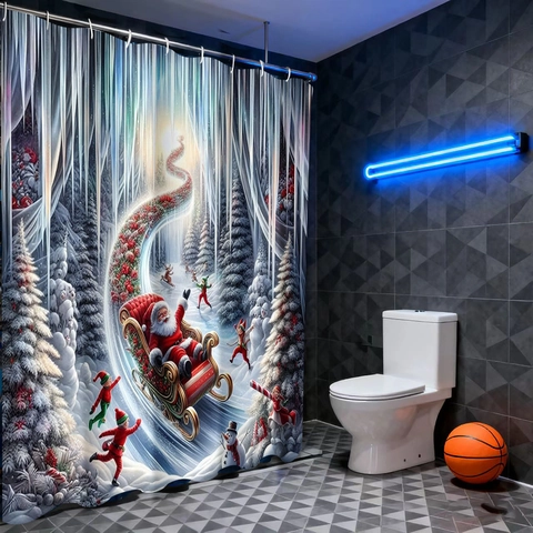 Weihnachts Duschvorhang Wasserdichtes Polyester Weihnachtsmann Rentier Elfen Badezimmer Feiertagsdekor Haken Inklusive