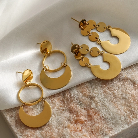 Pendientes Colgantes Geométricos Irregulares De Acero Inoxidable Color Oro Retro Forma De Media Luna Para Mujeres