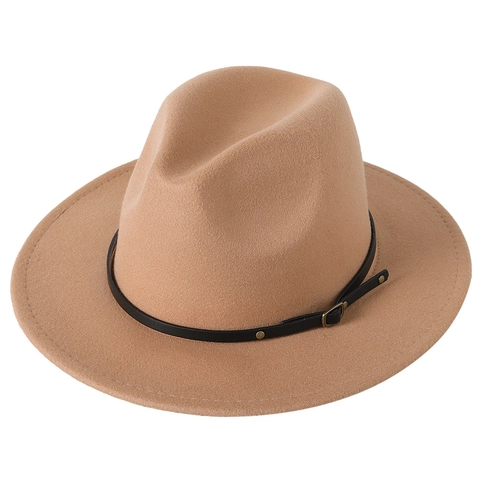 Vintage British Style Fedora Hat Wide Brim Felt Jazz Cap With Leather Band Metal Buckle And Rivet Details Solid Color
