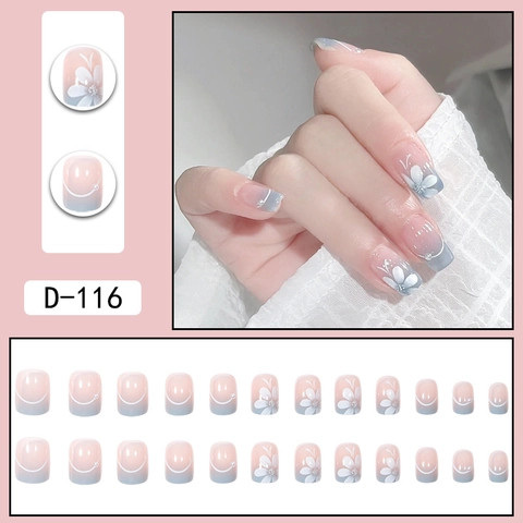 Künstliche Fingernägel Französisches Blau Ombré Weiße Blume Künstliche Perle Dekor Kurz Quadratisch Abnehmbare Elegante Maniküre