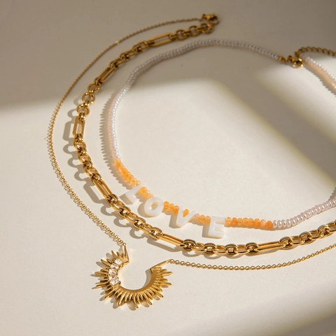 Collier Acier Inoxydable Pendentif Zircon Soleil Künstliche Perles Pierre Colorée Chaîne Superposée Bijoux Imperméables Femmes