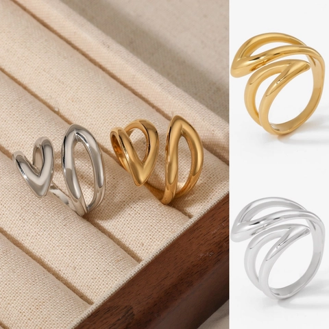 316 Stainless Steel Leaf Open Ring For Women PVD Gold Plated Irregular Winding Flowing Line Minimalist Hypoallergenic
