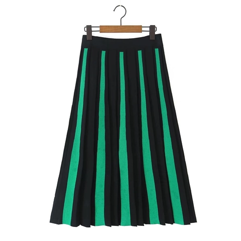 Gebreide Midi Rok Color Block Gestreept Geplooid Hoge Taille Elastisch A-Lijn Polyester Streetwear Casual Dames Modieus