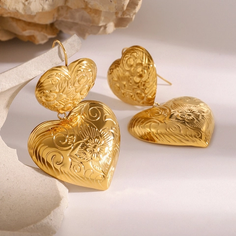 Vintage Gold Edelstahl Doppelherz Ohrhänger Für Damen Übertriebene Blumen Relief Geprägte Schmuck Geschenk