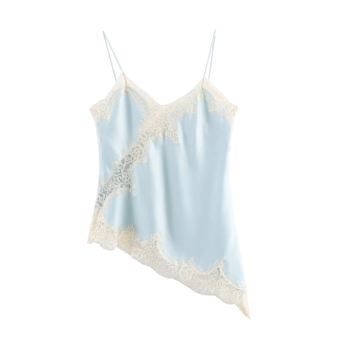 Camisole En Satin Pour Femmes Bordure En Dentelle Col En V Ourlet Asymétrique Sexy Bretelles Spaghetti Top Style Lingerie
