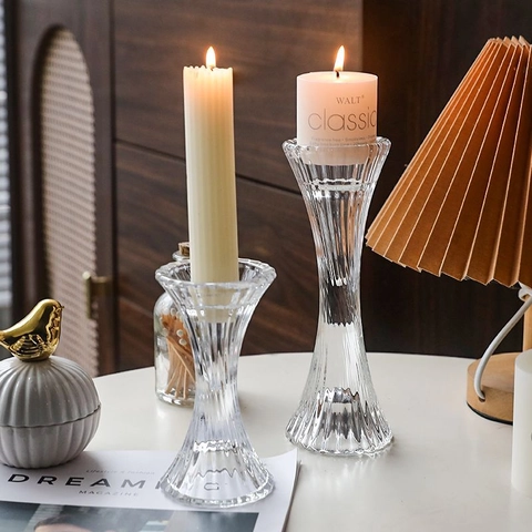Vintage Ribbed Glass Candle Holder Nordic Transparent Hourglass Shape Tabletop Centerpiece Home Wedding Decoration