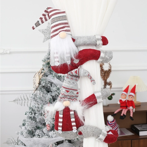 Christmas Gnome Curtain Buckle Knitted Plush Swedish Tomte Tieback Home Holiday Window Decoration Red Grey