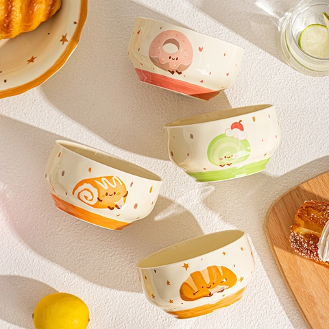 Cartoon Ceramic Bowls Underglaze Color Cute Dessert Pattern Microwave Oven Safe Heat Insulated Kitchen Tableware