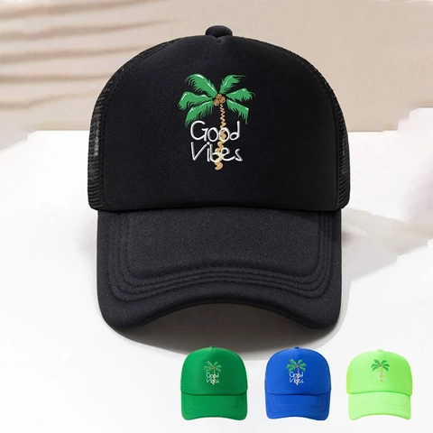 Trucker Hat Mesh Back Polyester Ademend Kokosboom Palm Print Good Vibes Zomer Strand Outdoor Verstelbaar
