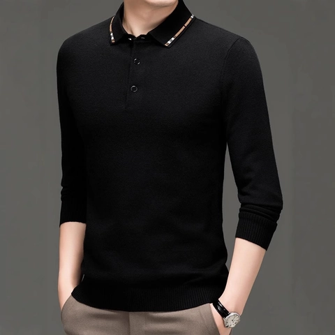 Herren Langarm Strick Polo Pullover Wollmischung Slim Fit Business Casual Revers Knopfleiste Pullover Hemd