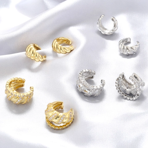 Ear Cuffs de Cobre Vintage Europeo Incrustados con Circonia Textura Retorcida Hueca Sin Agujero Joyas Mujer Dorado Plateado