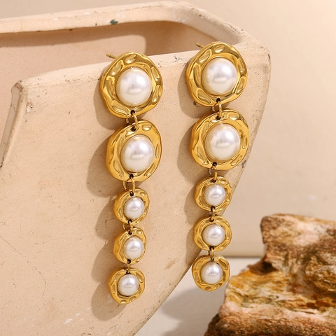 Vintage Long Drop Earrings Hammered Stainless Steel 18K Gold Plated Faux Artificial Pearl Graduated Circles Retro Jewelry Women