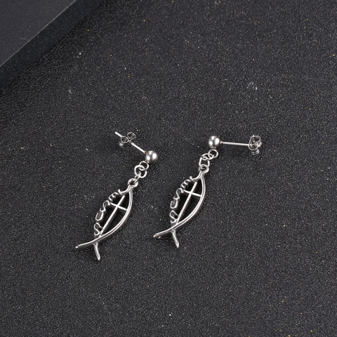 Vintage Stainless Steel Jesus Fish Cross Pendant Earrings For Women Religious Christian Ichthys Jesus Letter Drop Earrings