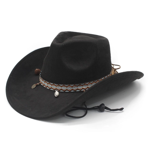 Sombrero De Vaquero Western Gamuza Sintética Ala Ancha Banda Tejida Étnica Con Decoración De Conchas Cordón Ajustable