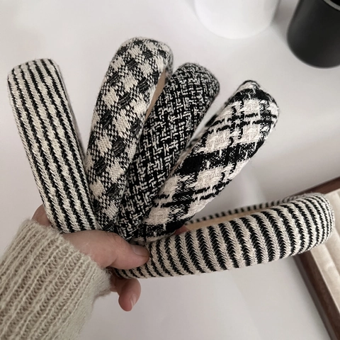 Black White Houndstooth Striped Fabric Headband Padded Sponge Wide Hair Hoop Elegant Minimalist Korean Style For Women