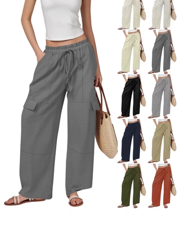 Women Cotton Linen Wide Leg Cargo Pants High Waist Drawstring Loose Fit Casual Trousers With Large Pockets