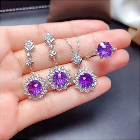 Copper Purple Amethyst Cubic Zirconia Necklace Earrings Ring Round Fireworks Cut Elegant Fashion For Women