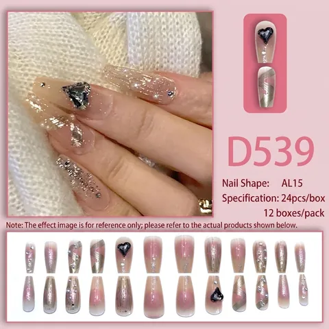 Faux Ongles Forme Cercueil Long Dégradé Rose Nude Avec Strass Cœur Künstliche Perle Paillettes Ongles Élégants Pour Femmes