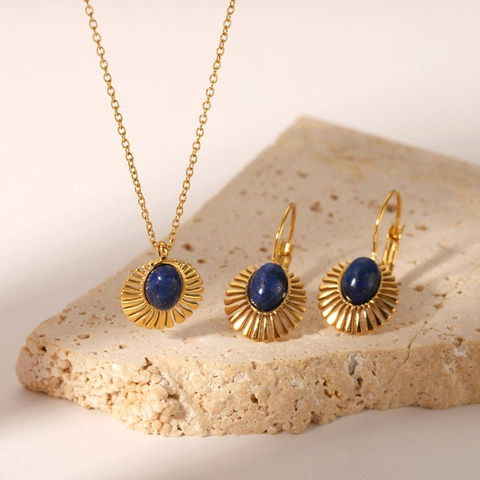 Vintage Sunburst Necklace And Earrings Stainless Steel 18K Gold Plated Oval Blue Gemstone Elegant Jewelry For Women