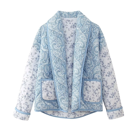 Women Floral Paisley Print Quilted Jacket Lapel Collar Long Sleeve Padded Coat Sweet Casual Outerwear Light Blue