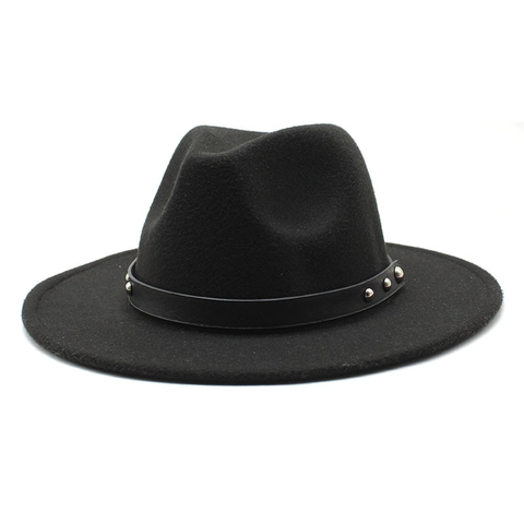 Sombrero Fedora De Ala Ancha Algodón Poliéster Fieltro Con Banda De Cuero Y Remaches Plateados Estilo Jazz