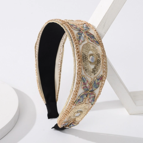 Brede Haarband Kant Borduurwerk Gouden Lovertjes Strass Bloemen Vlinderpatroon Boheems Gevoerde Haarknoop Voor Dames