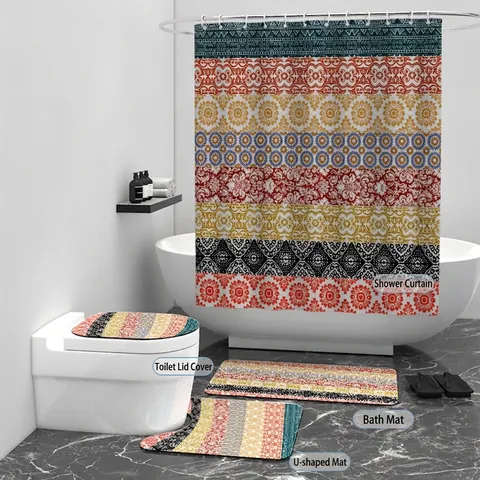 Böhmischer Mandala Wasserdichter Duschvorhang Und Badematte Teppiche Badezimmer Zubehör Polyester Rutschfester Toilettendeckel Bezug